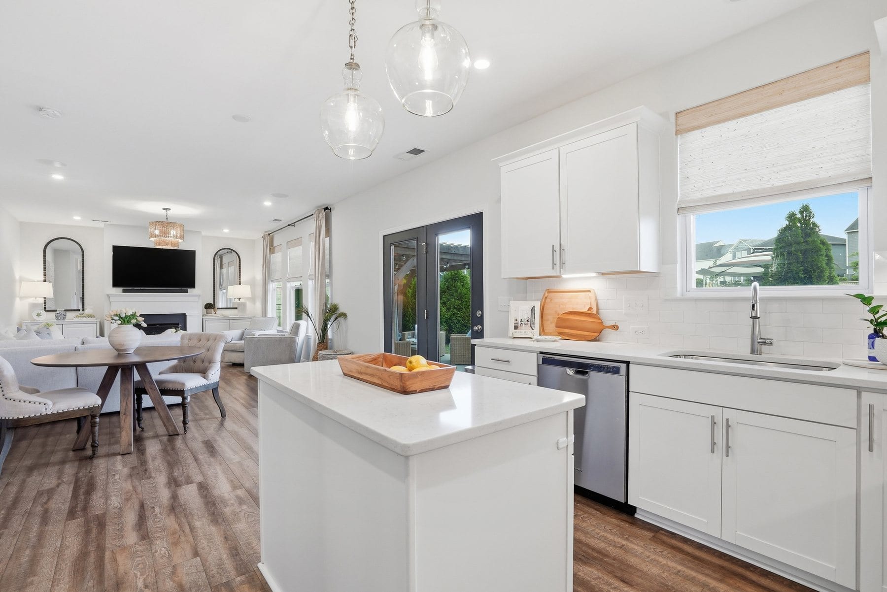 Kitchen island open to the dining and living areas